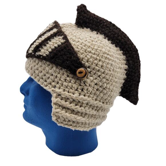 Handmade Crochet Knight Trojan Spartan Gladiator Hat w/ Face Shield Tan Brown - Picture 2 of 8
